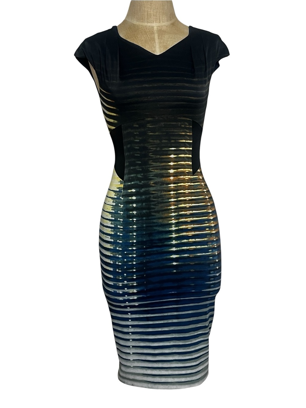 Karen Millen Abstract Ombre Stripe Bodycon Pencil Dress Blue Gold US 4 - Picture 4 of 12